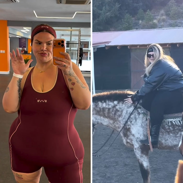Plus-size influencer taking a gym selfie and riding a horse outdoors showcasing bold confident moments in 2025.
