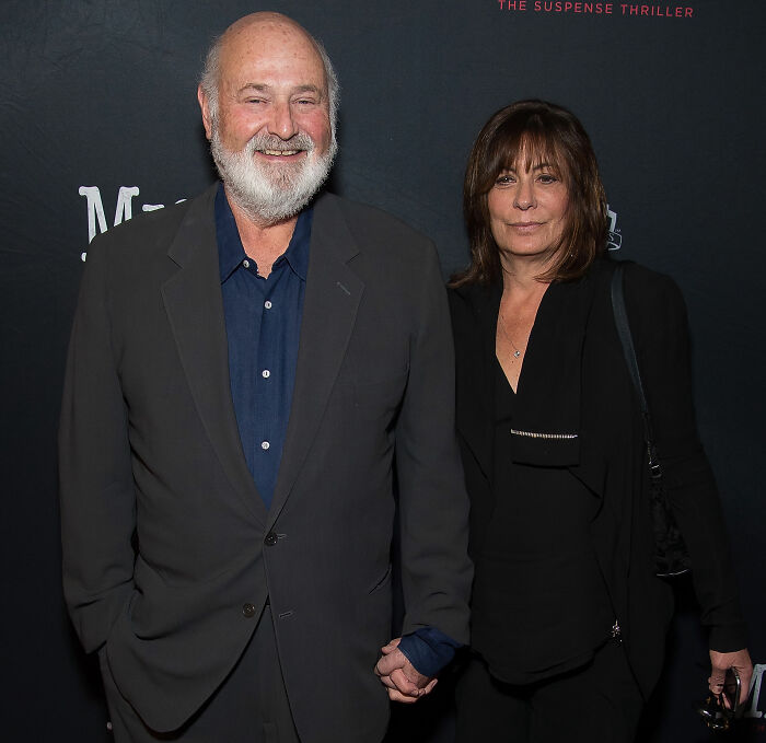Two people posing together at a suspense thriller event, unrelated to the new report on Nick Reiner's hotel room state.