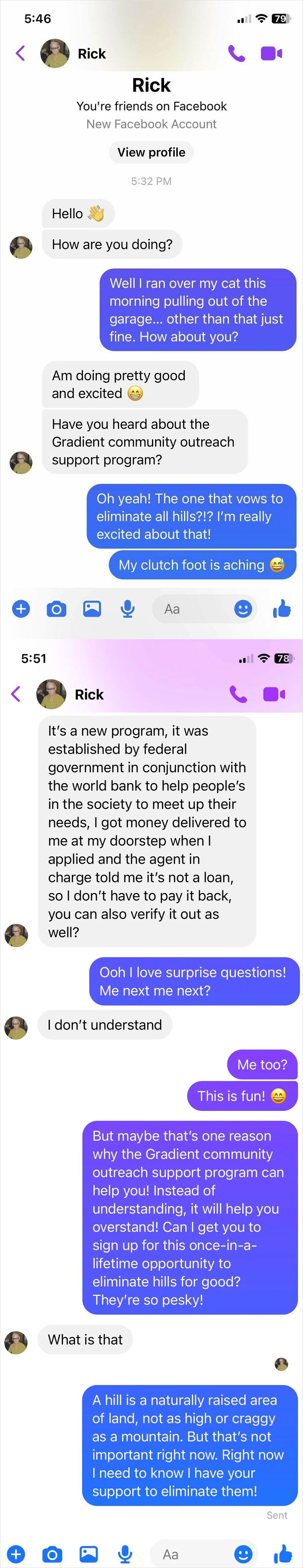 Screenshot of a funny and awkward text conversation where an attempt to explain a community program goes hilariously off track