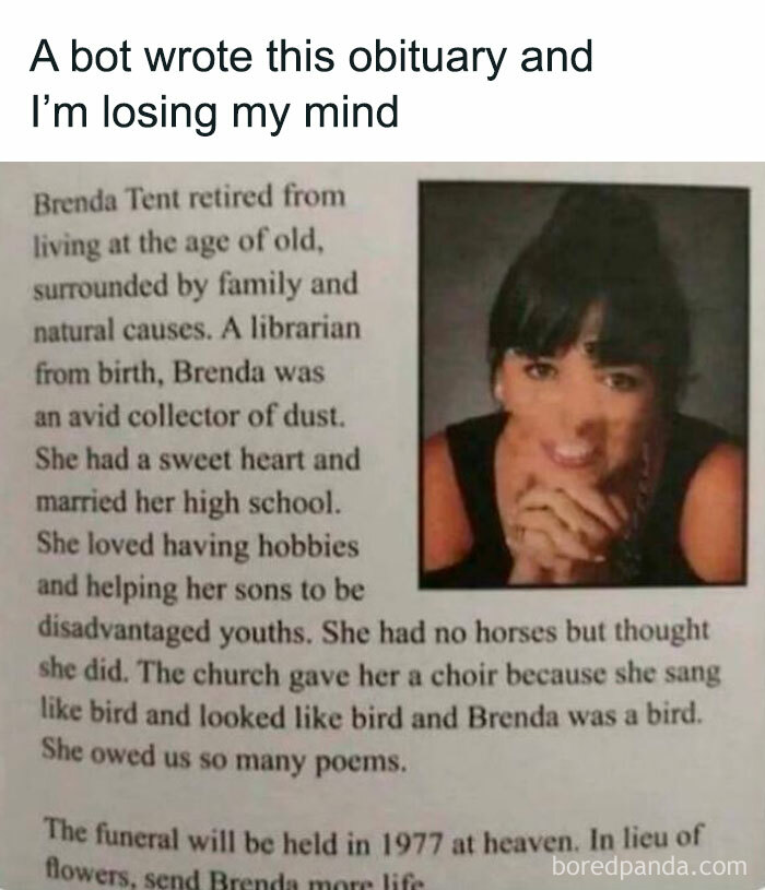 Funny and awkward obituary written by a bot, showing an attempt that didn’t go as expected with humorous errors.