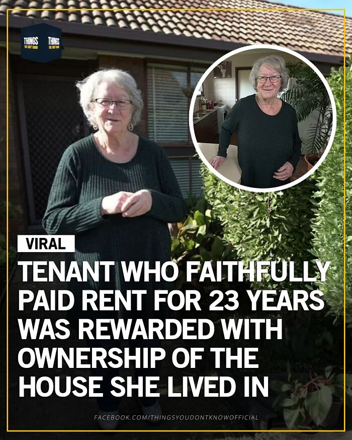 Elderly tenant rewarded with house ownership after faithfully paying rent for 23 years, a compelling dinner party conversation starter.