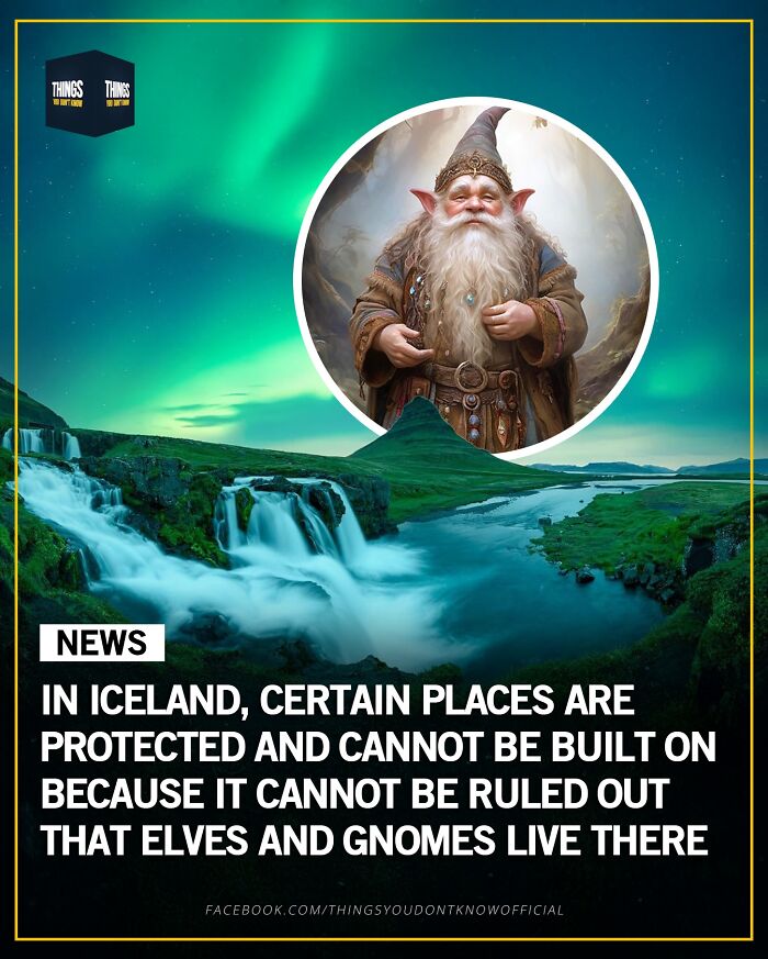 Scenic Iceland waterfall with northern lights and an elf illustration highlighting compelling facts for dinner party conversation starters.