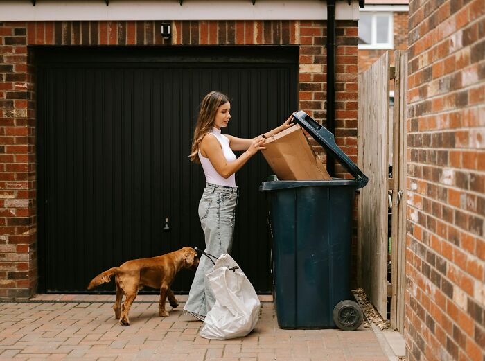 Woman disposing of cardboard in trash bin with dog nearby, illustrating disturbing truths about everyday life to keep you up at 2 AM