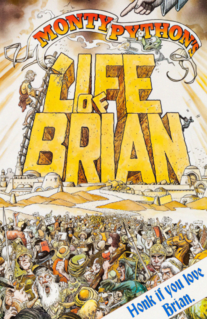 Colorful illustrated poster of Monty Python’s Life of Brian with a large crowd and humorous details, highlighting interesting facts.