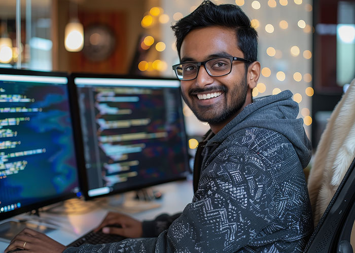 Smiling man wearing glasses, working on multiple computer screens with code, illustrating interesting today I learned facts.