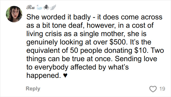 Comment expressing mixed views on single mom's tone deaf GoFundMe amid Bondi Beach attack outrage and cost of living crisis.