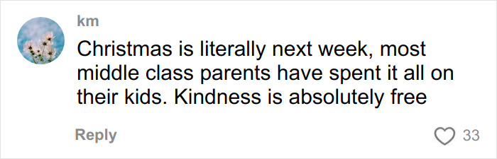 Comment on a social media post discussing kindness and parents' spending habits during Christmas season.