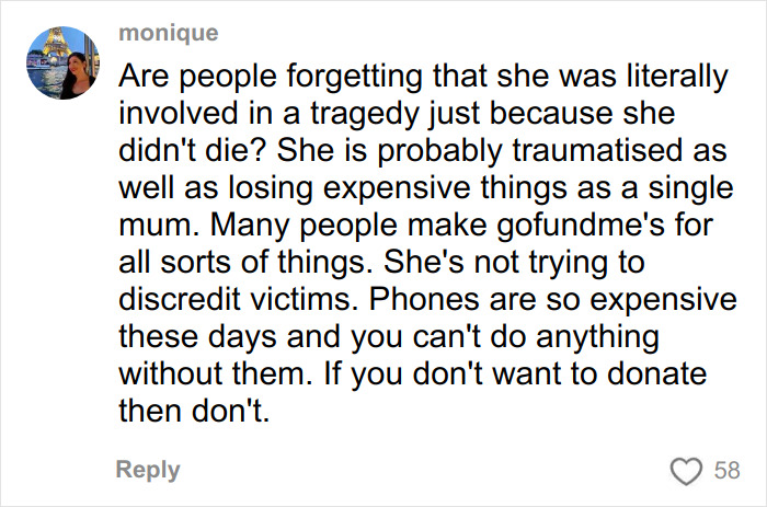 Comment defending single mom's GoFundMe after Bondi Beach attack, highlighting trauma and expense concerns.