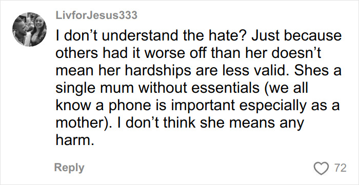 Comment defending single mom's GoFundMe after Bondi Beach attack, highlighting her hardship and need for essentials.