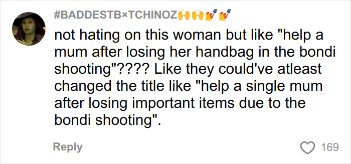 Social media comment criticizing single mom's GoFundMe title after Bondi Beach attack, sparking widespread outrage.