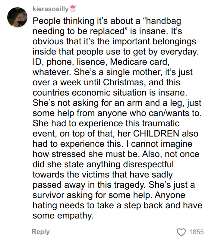 Comment defending single mom&rsquo;s GoFundMe after Bondi Beach attack, emphasizing empathy and economic hardship.