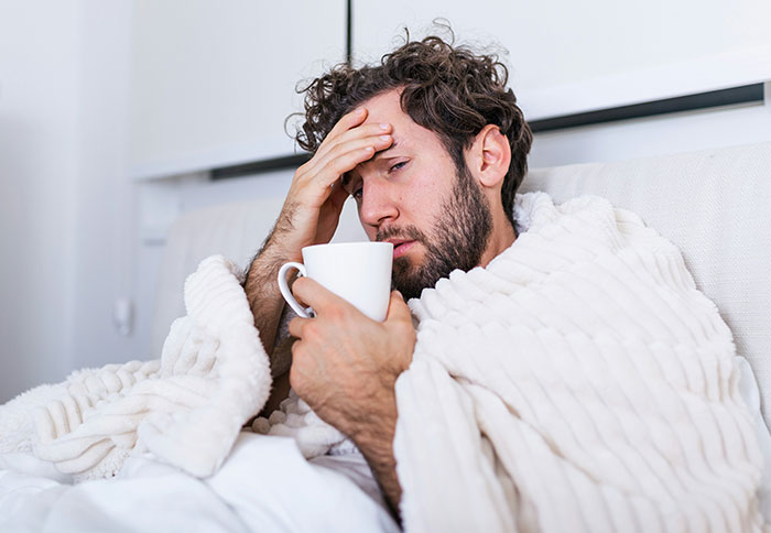 Tired man wrapped in blanket holding a mug, illustrating dad privileges discussed by moms feeling like a slap in the face.