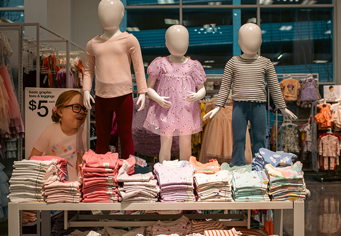 Display of kids clothing with mannequins in a store, illustrating parent perspectives on dad privileges and family dynamics.