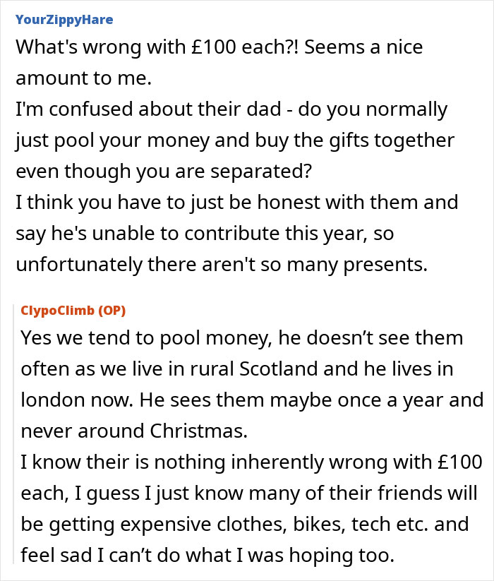 Comments about man promising $400 per kid contribution for Christmas, then changing his mind, causing panic.
