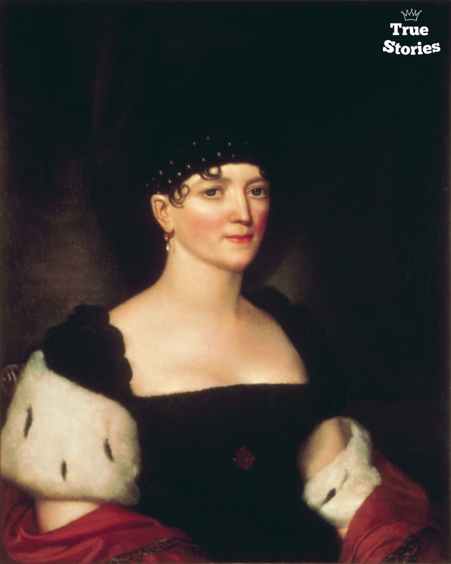 Portrait of an important American personality from history dressed in elegant early 19th century attire with dark background.