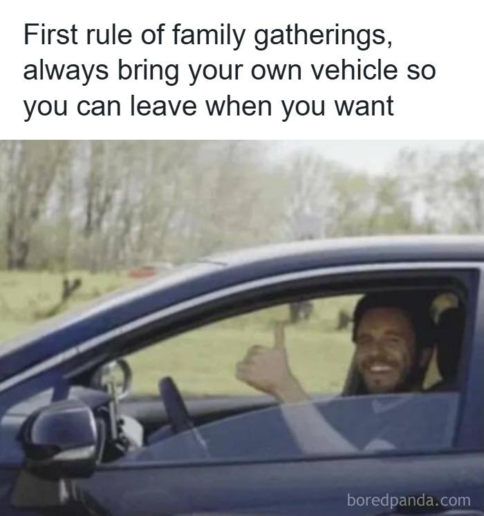 Man smiling and giving thumbs up from inside a car, illustrating a family gathering meme from Know Your Meme collection.