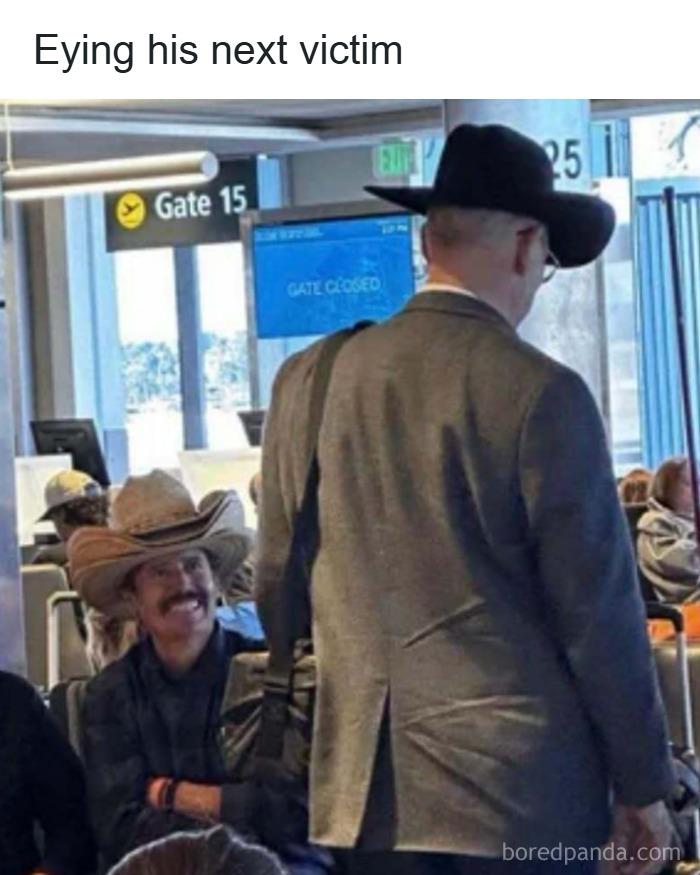 Man in cowboy hat smiling at another man in a black hat at an airport gate in a popular Know Your Meme funny moment.