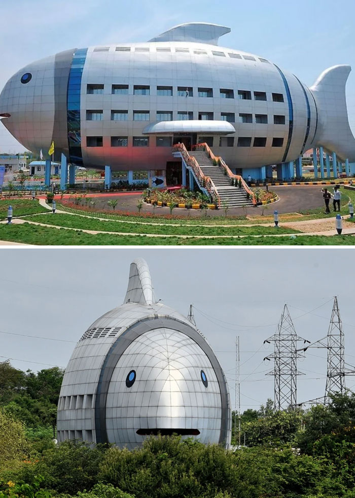 Two views of the bread-shaped bread factory building with metallic exterior and unique architectural design.