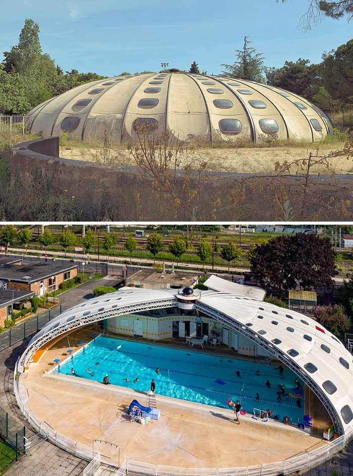 Bread-shaped building with rounded windows and dome-like structure in an outdoor setting with trees and dry vegetation.