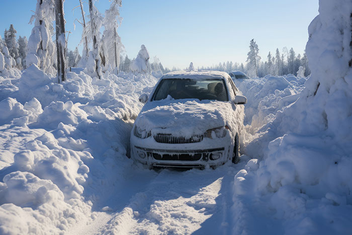 Car covered in snow stuck on a snowy road with snow-laden trees, illustrating a strange excuse for missing work.