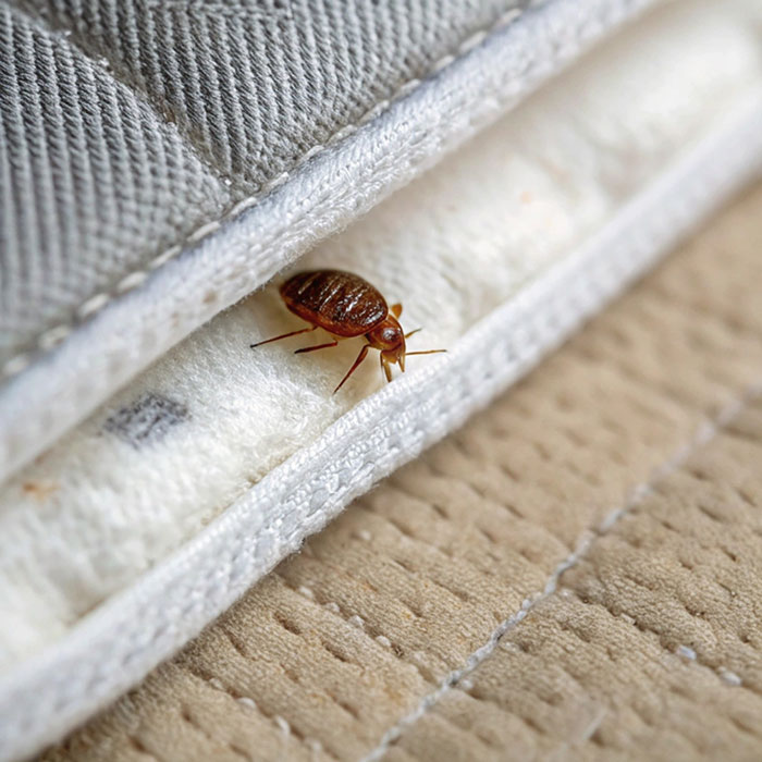 Close-up of a bed bug on mattress fabric illustrating strange excuses for missing work like a chinchilla eating her wallet.