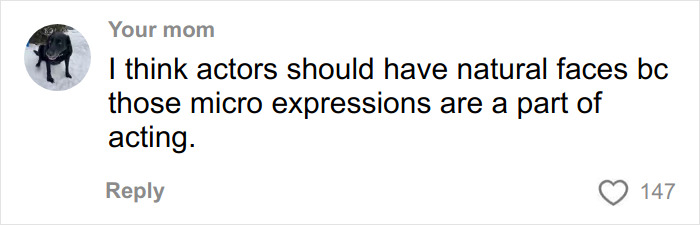 Comment on social media discussing the importance of natural faces and micro expressions in acting among Hollywood actresses.