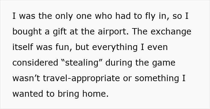 Text excerpt about a white elephant gift exchange where a guy steals his own gift and gets a refund debated online.