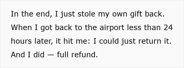 Text describing a man explaining how he stole his own white elephant gift and got a full refund within 24 hours.