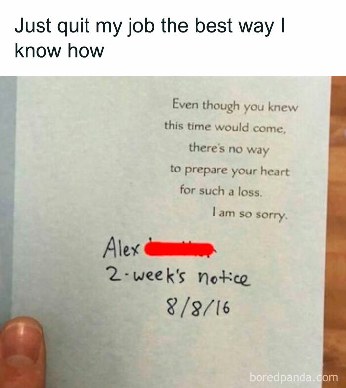 Handwritten two-week notice resignation meme expressing loss with a humorous tone from cheerful memes collection.