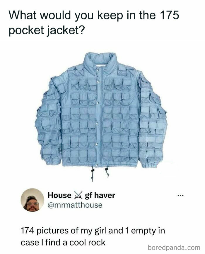 Blue jacket covered with 175 small pockets as a cheerful meme about wasting time online and collecting pictures.