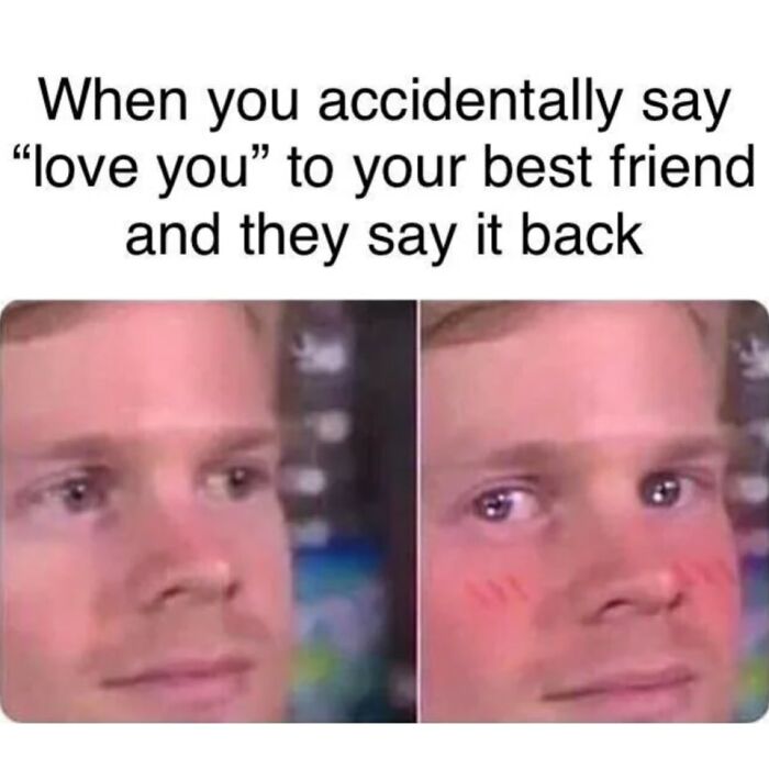 Close-up of a surprised man blushing after saying love you to best friend, sweet and wholesome pics to cleanse your feed.