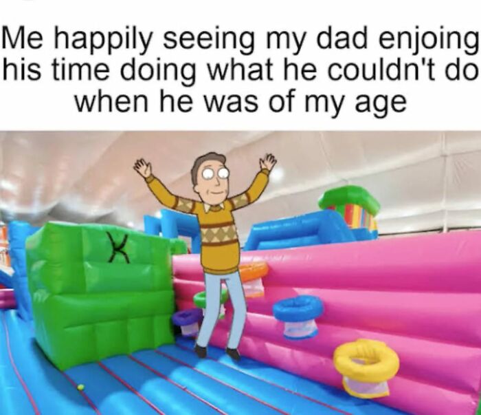Animated character happily jumping on colorful inflatable play area, capturing sweet and wholesome moments to cleanse your feed.