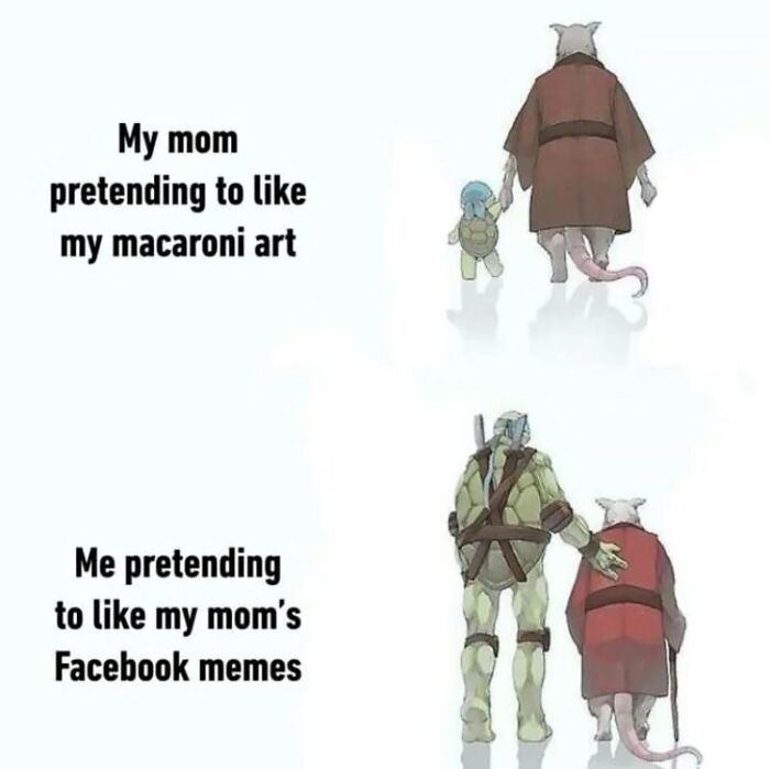 Illustration of two pairs showing sweet and wholesome moments between a mother and child tortoise and rat characters.