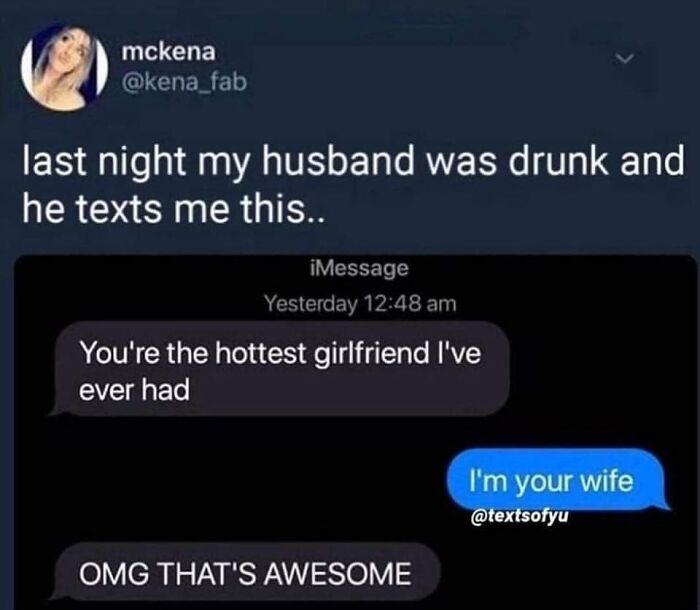 Text message exchange showing a sweet and wholesome moment between husband and wife, perfect for wholesome pics.