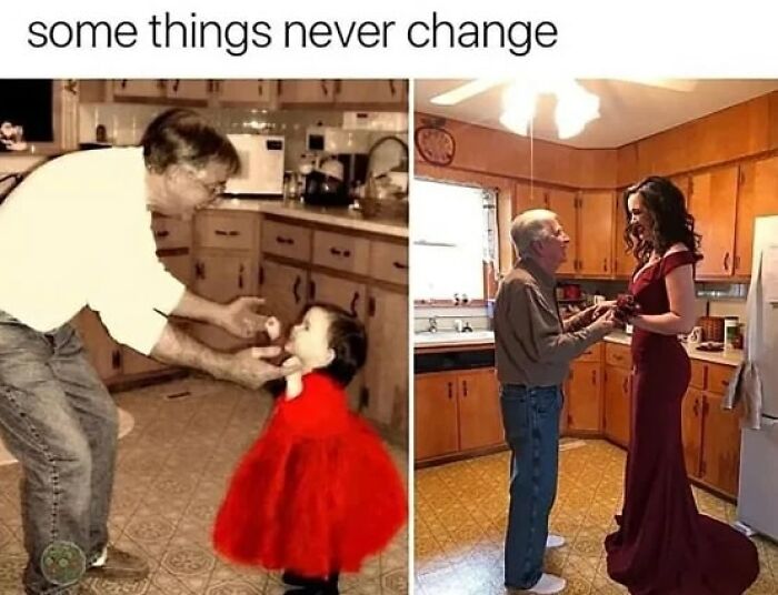Older man and young woman sharing a sweet moment in a kitchen, capturing wholesome pics to cleanse your feed.