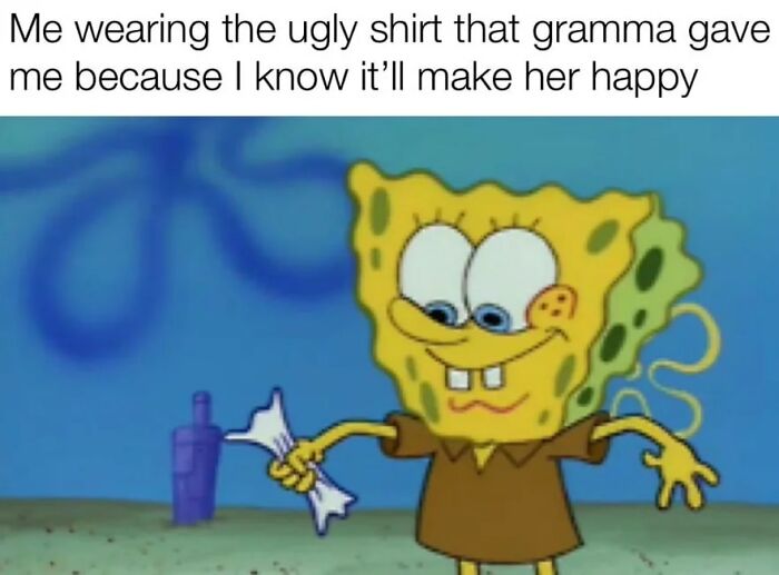 SpongeBob wearing an ugly shirt with a happy expression, capturing a sweet and wholesome moment to cleanse your feed.