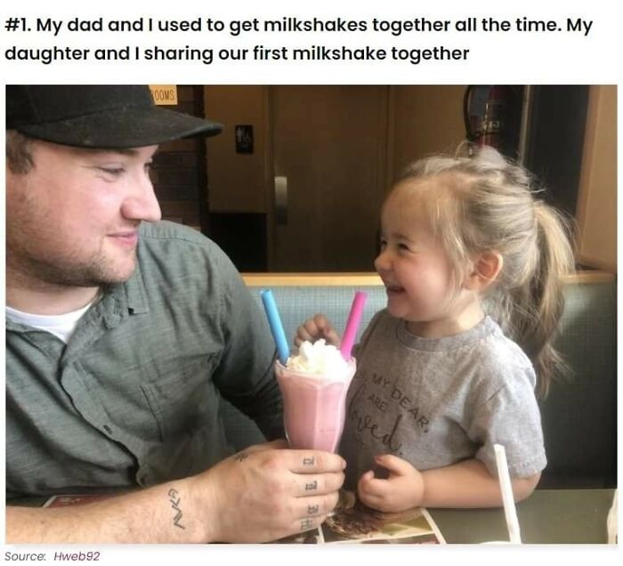 Man and young daughter sharing a sweet milkshake moment, capturing wholesome pics to cleanse your feed.