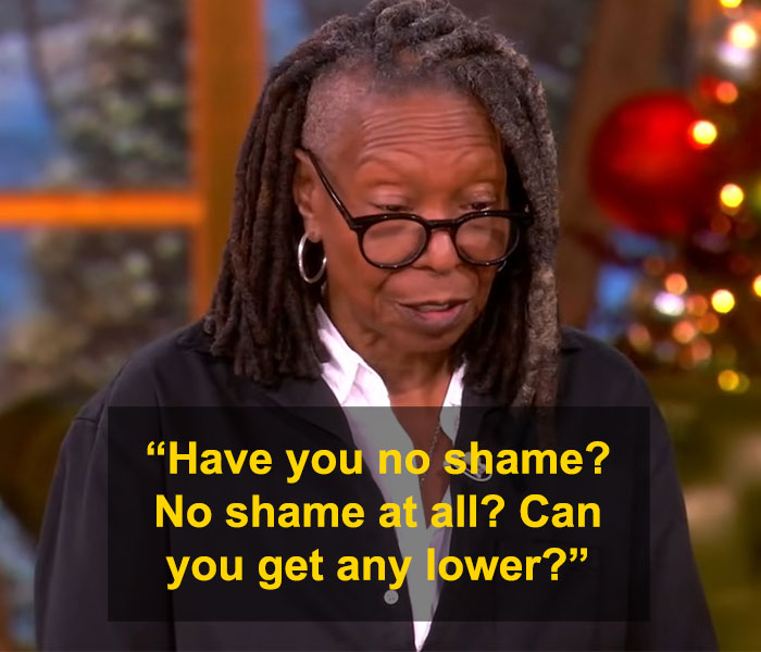 Whoopi Goldberg wearing glasses, speaking passionately about Michelle Obama responding to Trump accusations. Whoopi Goldberg wearing glasses, speaking passionately about Michelle Obama responding to Trump accusations.