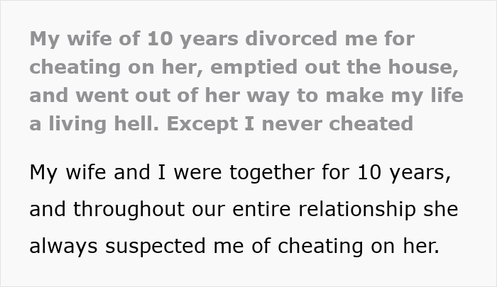 Text excerpt about a wife of 10 years accusing her husband of cheating, ruining his reputation after leaving him.