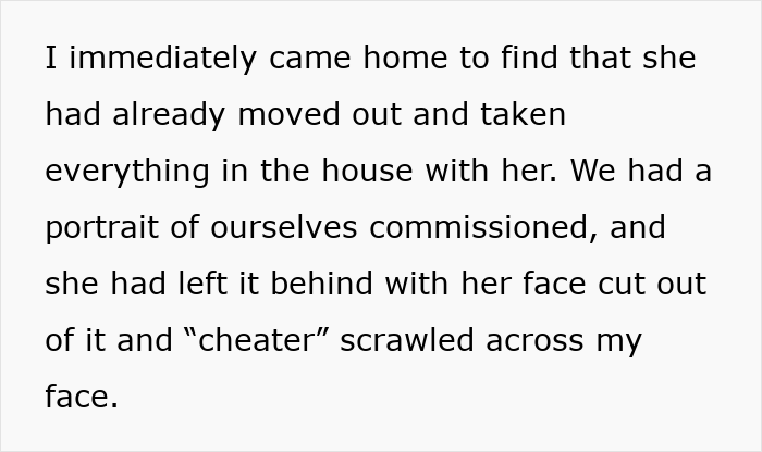 Text describing a wife leaving her husband, removing her face from a portrait, and calling him a cheater, impacting his reputation.