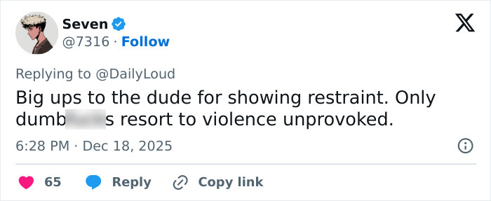 Screenshot of a social media reply discussing restraint after the Miami gym Karen punched an employee in the face.