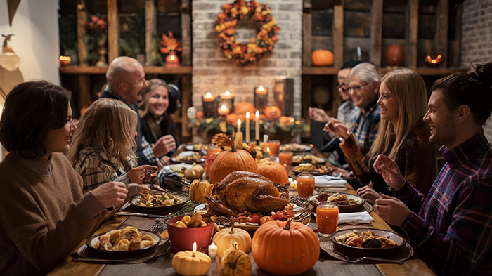Family gathered around a Thanksgiving table with pumpkins and a roasted turkey after the meal cleanup deal falls through.
