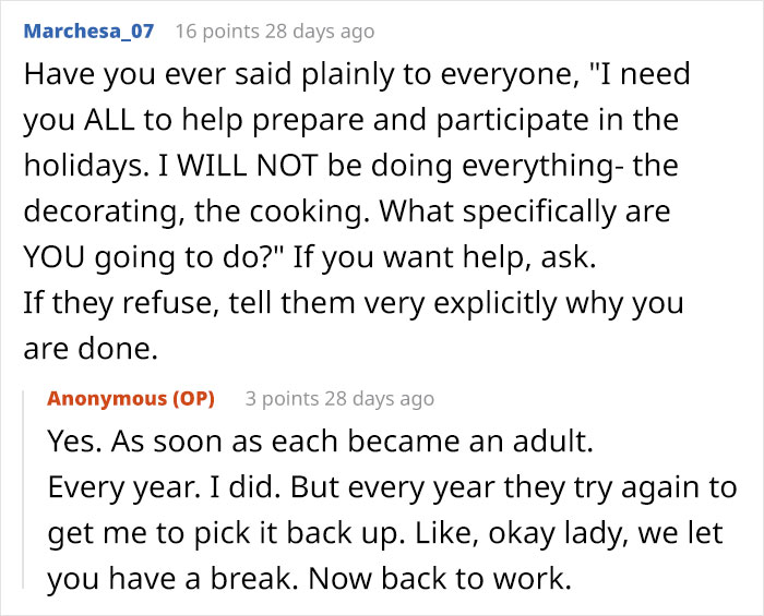 Comment exchange about adults avoiding holiday labor while moms handle all the work, highlighting feminism and family roles.