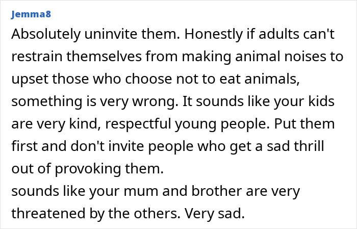 Comment discussing vegan teen facing family criticism and mom planning to keep toxic relative and brother away.