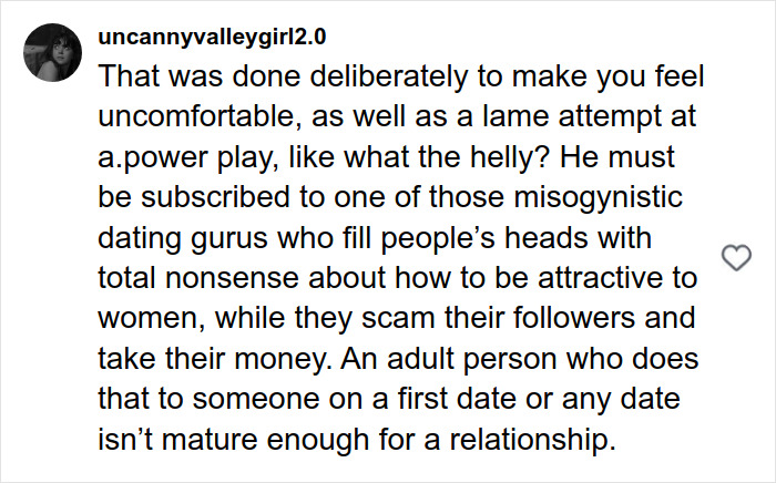 Comment criticizing a man&rsquo;s immature plan on a first date, highlighting misogynistic dating gurus and relationship maturity.