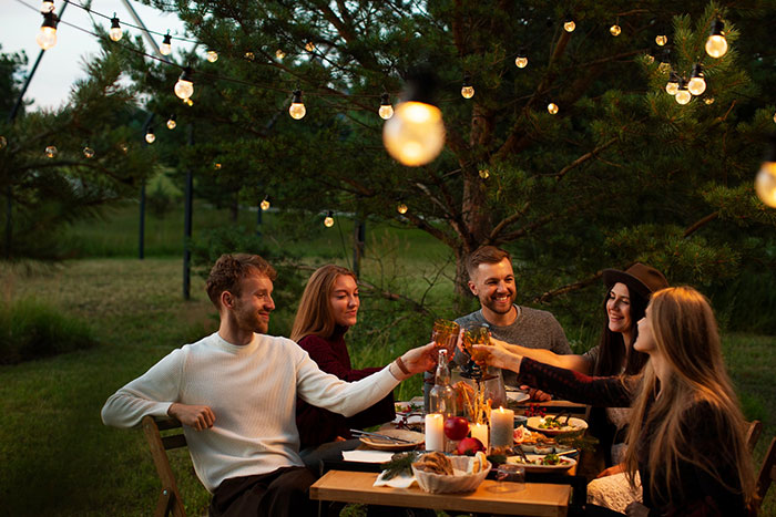 Mentally Unstable Woman at outdoor dinner party raising a glass with friends under string lights Mentally Unstable Woman at outdoor dinner party raising a glass with friends under string lights
