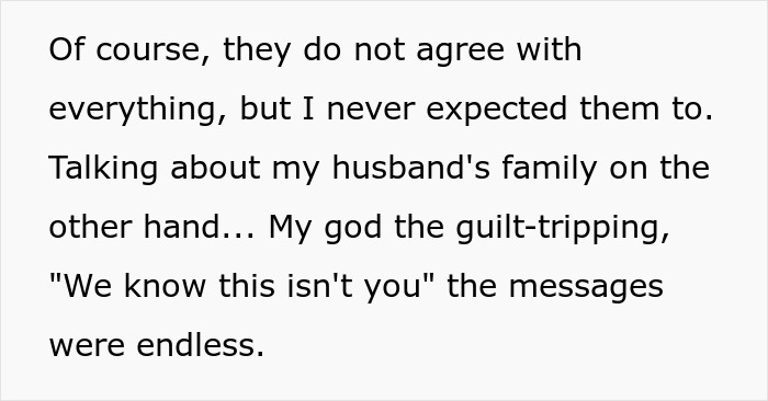 Text excerpt showing a mom discussing guilt-tripping and family conflict after running away from her kids on Christmas.