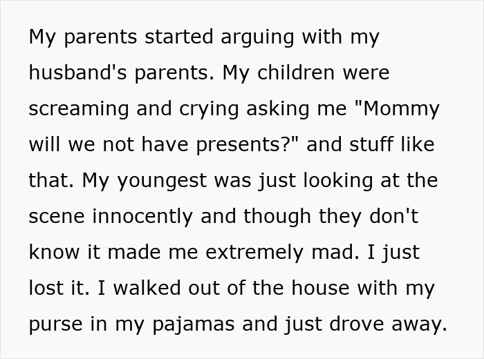 Mom runs away from her 3 kids on Christmas after family argument, feeling overwhelmed and emotionally distressed.