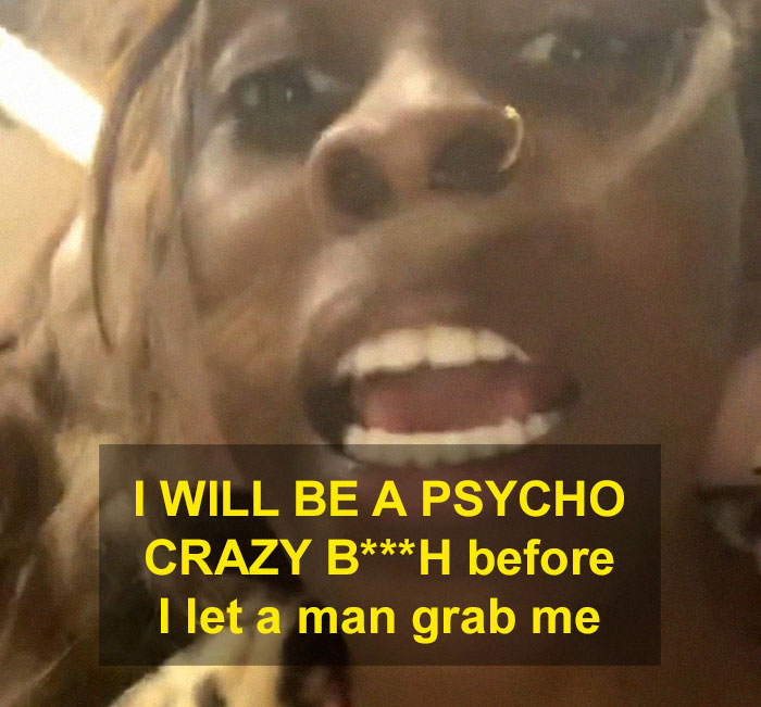 Close-up of a woman speaking fiercely, showing her stance to scare off men and stalkers using a period pad.