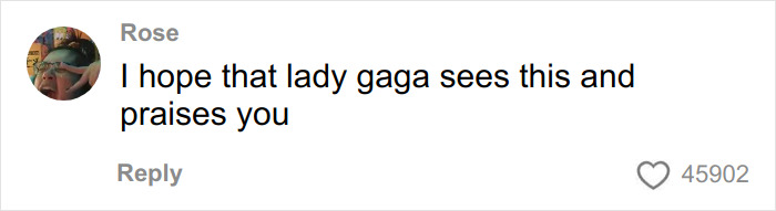 Comment by Rose expressing hope that Lady Gaga sees the message and praises the creator, with 45902 likes.